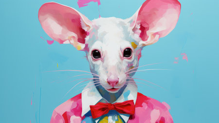 a white mouse with a pink bow tie stares directly into the camera, showcasing a psychedelic surrealism style. the simple yet colorful illustrations, realistic oil portraits, and algorithmic artistry come together in this captivating image. the light blue and crimson hues create a saturated color palette, enhancing the vibrant depictions of animals. ai generatedの素材
