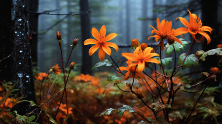 orange flowers bloom in the misty forest, creating a captivating scene. this national geographic photo by lorenz hideyoshi showcases the beauty of nature. the uhd image captures the vibrant colors with a color splash effect, while maintaining a monochromatic scheme. it is a stunning example of the new american color photography style. ai generatedの素材