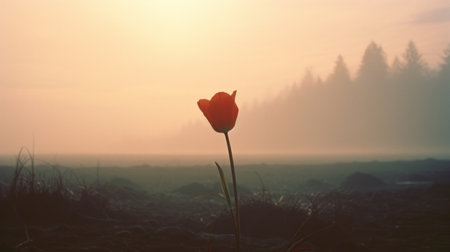 a foggy landscape surrounds a flower in this visually captivating photograph. the style of the image is reminiscent of light red and gold hues, creating a whistlerian atmosphere. the backlit photography technique adds depth and intrigue to the coastal scenery. with its 8k resolution, this joel robison masterpiece immerses viewers in a narrative-driven visual storytelling experience. ai generatedの素材