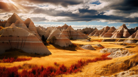 sunset over badlands national park, captured by jon o'hearn, showcases surreal and dreamlike landscapes. the photo features a mesmerizing blend of light yellow and dark red hues. with elements of time-lapse photography and film, it presents a photo-realistic landscape with a low depth of field. this coastal landscape embodies an earthy expressionism that is truly captivating. ai generatedの素材