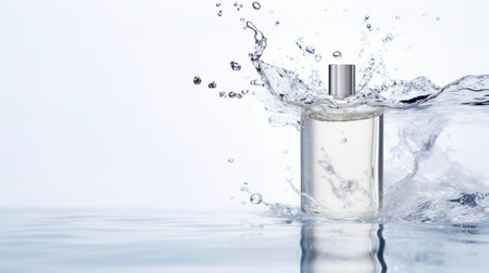 a high-speed capture technique. the perfume bottle is shown mid-splash, creating a dynamic and captivating visual. the light gray and white color scheme adds a touch of elegance and sophistication. this commercial image showcases ultra-detailed and photorealistic detailing, making it a perfect choice for advertising campaigns. the bold-graphic style and lively energy of the image make it stand out and grab attention. ai generatedの素材