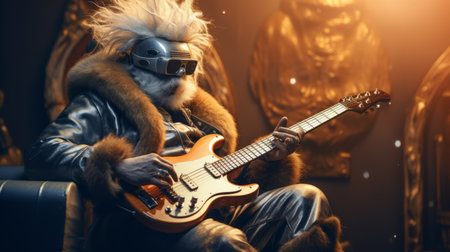 a giant elf, dressed in a gothic outfit and holding an electric guitar, is depicted in this hyper-realistic animal illustration. the image features multiple filter effects, with a color palette dominated by dark yellow and silver tones. captured using a leica r8 camera, the photo showcases a unique blend of hip hop aesthetics, animalier style, and grandparentcore vibes. ai generatedの素材
