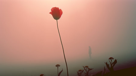a rose amidst tall grass, surrounded by a misty atmosphere, exuding a melancholic aura. this photo captures the essence of dutch landscapes, with its light crimson and bronze hues. the mist adds a touch of mystery, making it a captivating subject for self-portraits. discover this enchanting image on flickr. ai generatedの素材