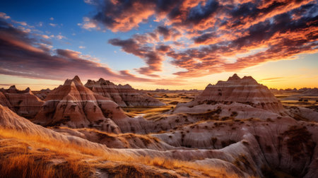 the badlands on the sunset, a mesmerizing photo stock captured in the style of sam guay. the image showcases the stunning light brown and crimson hues of this national geographic photo. with majestic and sweeping seascapes, it beautifully captures nature-inspired forms. ai generatedの素材