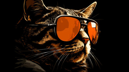 a cat wearing orange sunglasses is depicted in this aggressive digital illustration. the sunglasses have dark reflections, creating a high-contrast realism effect. the artist's style is reminiscent of a hard edge painter, with dark amber tones and high-contrast shading. this ultra-high-definition image captures the unique and bold aesthetic of the cat in sunglasses. ai generatedの素材