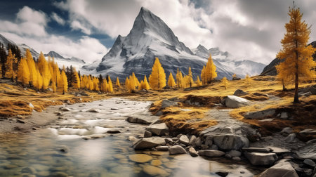 a stunning photograph capturing a stream flowing through the majestic mountains, with a backdrop of lush trees. this landscape, reminiscent of max rive's style, showcases a vibrant color palette of yellow and silver. the image is a bold and captivating representation of nature, employing traditional photographic techniques. it evokes the spirit of maximilian pirner's work and could easily grace the pages of national geographic. aの素材