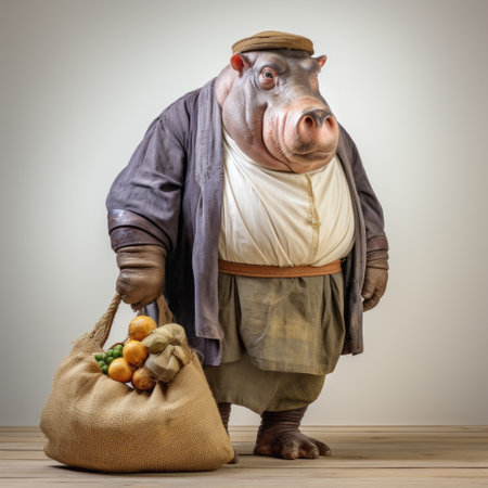 a wild hippopotamus showcasing a unique kitchen still life scene, holding various items in a wooden basket. this fantasy character captivates with its strong facial expression and detailed costume. the unprimed canvas background adds an artistic touch, while the use of normcore fashion and forced perspective enhances the overall visual impact. ai generatedの素材