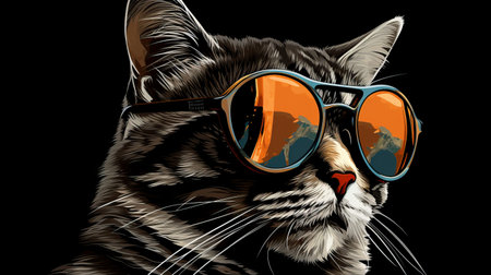 a gray cat wearing sunglasses is depicted in this image. the cat stands out against a black background, and the style of the artwork resembles colorful drawings with topographical realism. the color palette includes dark amber and sky-blue hues, and the image is presented in 8k resolution. the artwork showcases elements of pop art illustrations, vivid color schemes, and precision painting techniques. ai generatedの素材