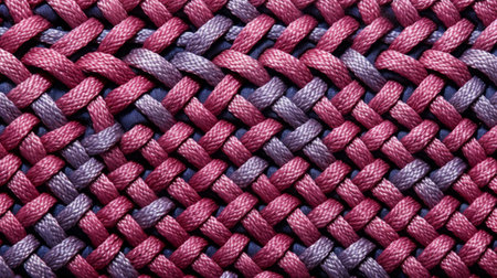 a close-up photo of a pink to purple braided material, showcasing the beautiful blend of light indigo and dark crimson hues. the intricate arabesque pattern adds a touch of elegance to the composition. captured using fujifilm eterna vivid 500t, the image highlights the mesmerizing infinity nets. the dark crimson and dark beige tones evoke a sense of sophistication, reminiscent of the american barbizon school. aiの素材