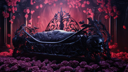 the bed is adorned with a captivating arrangement of flowers and an intriguing iron throne, showcasing a surreal cyberpunk aesthetic. inspired by unreal engine, the dark pink and black color scheme creates a striking contrast reminiscent of rococo still-lifes. the vibrant nightmares and monochromatic shadows add depth to the scene, while the 32k uhd resolution enhances every intricate detail. ai generatedの素材