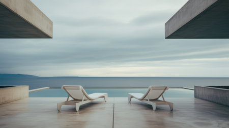 two lounge chairs are elegantly placed on a poolside deck, offering a breathtaking view of the ocean. this modernist minimalist composition captures the essence of tranquility and relaxation. the soft tonal shifts in the photograph enhance the serene atmosphere. the reinforced concrete construction adds a touch of architectural sophistication. captured with a ricoh gr iii, this dynamic outdoor shot by david hettinger showcases the beautyの素材