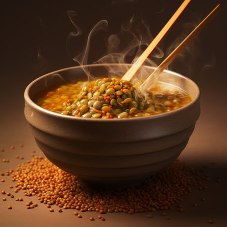 a bowl of soup with chopsticks and green noodles, showcasing a visually stunning digital gradient blend. created using innovative techniques such as zbrush, explosive pigmentation, and dotted photo-realistic effects. the vibrant amber hues add an extra touch of allure to this captivating image. ai generatedの素材