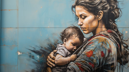 a female holds a baby in her arms in a graffiti-inspired mural. the artwork showcases dark gold and light azure colors, capturing the essence of urban grittiness. the detailed atmospheric portraits depict indigenous culture with a realistic attention to detail, creating a vibrant and colorful scene. ai generatedの素材