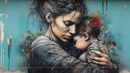 a woman cradling a baby amidst vibrant graffiti on a wall. the artwork, influenced by urban life, showcases dark gold and dark cyan tones, evoking emotions rather than realism. serene faces and delicate flowers add a touch of tranquility to the scene, while hinting at the struggles of humanity. the intricate details demand attention, making it a captivating sight. ai generatedの素材