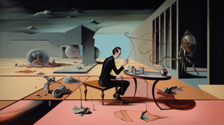 franz joseph zola's "the dissolution of man and the world" is a captivating oil painting created between 1914 and 1916. this artwork showcases a surreal cyberpunk iconography, depicting an indoor still life scene. the painting combines elements of realism and stylization, with a touch of cartoonish surrealism. the artist's meticulous attention to detail is evident through the use of digital airbrushing techniques, resulting in aの素材