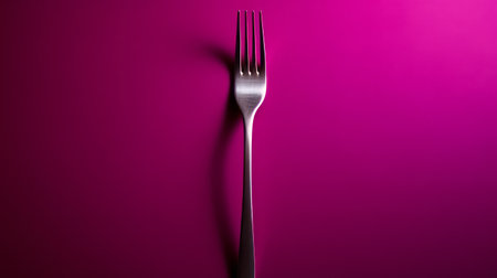 a fork on a vibrant pink background, showcasing intense color saturation. the fork is captured in a straight photography style, with a dark silver and magenta color scheme. the image features volumetric lighting, adding depth and dimension. with sharp and clever humor, this photograph utilizes the simplicity of form to create a visually striking composition. ai generatedの素材
