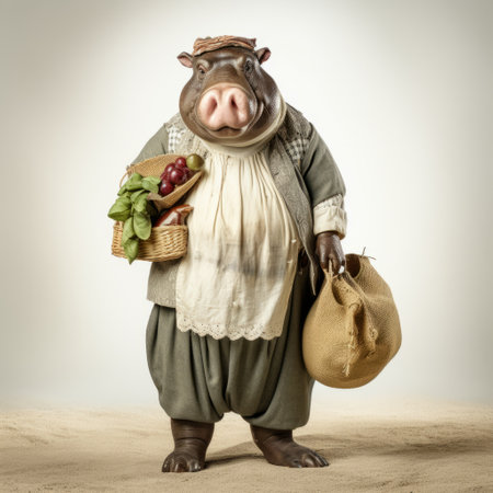 a photo of a meticulously crafted statue featuring a hippo wearing a striped outfit and carrying a basket. this unique artwork, inspired by the styles of hurufiyya, jan steen, and mike campau, showcases a high level of detail and realism. the statue, captured in a high-quality photo by moosa al halyan, portrays a strong facial expression. ai generatedの素材