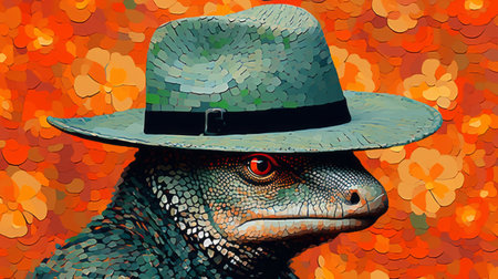 an iguanodon, depicted in a vibrant orange hue, wears a stylish hat and boasts captivating purple eyes. this artwork draws inspiration from various artistic styles, including realistic bird paintings, pixelated portraits, and precisionist art. the color palette features dark cyan and green tones, creating a visually striking and monochromatic composition. the image is captured with the precision of a leica r8 camera. ai generatedの素材