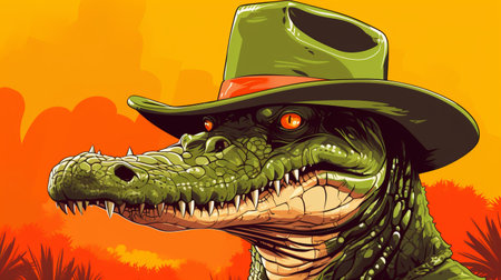 an alligator wearing a green hat stands out in this aggressive digital illustration. the western-style portrait showcases a retrocore aesthetic, with a uhd image capturing every detail. the artwork draws inspiration from artists like oleg shuplyak, bryan hitch, and neogeo. ai generatedの素材