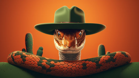 a snake wearing a green hat holds a green cactus in this realistic hyper-detailed rendering. the dark orange and beige colors give it a western-style portrait feel. created in cinema4d, this characterful animal portrait showcases the artist's talent for editorial illustrations with sharp focus. ai generatedの素材