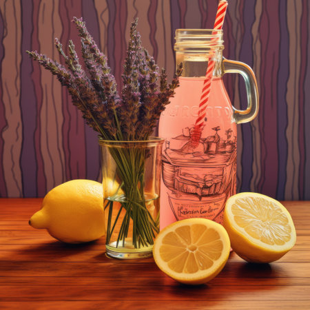 a glass of water sits on a retro-style kitchen table, adorned with slices of lemons, lemons, and lavender. the surrealistic elements of this still life photo are enhanced by the light violet and light red hues. the striped arrangements and cross-hatching add depth and texture to this captivating associated press photo. ai generatedの素材