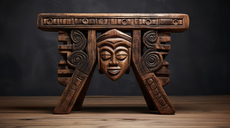an african-style wooden stool featuring intricately carved woods, showcasing a strong emphasis on facial expressions. this unique piece of furniture has been beautifully captured in a high-resolution uhd image, enhanced with darktable processing and vray technology. inspired by japanese folk art and symmetrical designs, it also incorporates elements of chicano art. ai generatedの素材