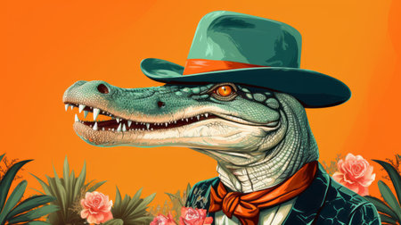 a crocodile wearing a tie adorned with roses, showcasing a unique blend of cowboy imagery. the artwork features a striking combination of dark orange and light azure tones, creating a hyper-realistic portrait. with elements of retrocore and celebrity portraits, this piece also incorporates a flat and graphic style. perfect for fans of rtx. ai generatedの素材