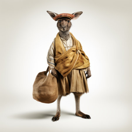 a native kangaroo dressed in traditional attire, inspired by the artistic styles of patricia piccinini and jean-baptiste monge. the stylish costume design is beautifully rendered in maya, showcasing the influence of jusepe de ribera's traditional craftsmanship. this charming character captures the essence of cultural heritage and artistic expression. ai generatedの素材