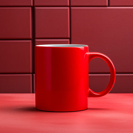 a red cup sits prominently in front of brick walls adorned with red accents. this visually striking image showcases the vray tracing technique, with its flat color blocks and photorealistic detail. the composition draws inspiration from the bold-graphic style of verner panton and incorporates elements of neo-mosaic. it captures a captivating kitchen still life. ai generatedの素材