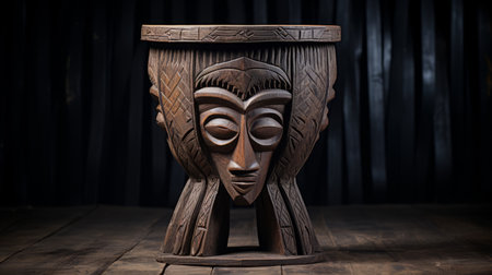 a tribal drum, inspired by the art of the congo, showcases the fusion of art deco design elements. captured with the tamron 24mm f/2.8 di iii osd m12 lens, this photograph highlights the organic sculpting of the drum's dark and intricate patterns. the bold and angular symmetrical figures add a captivating touch to this visually striking composition. ai generatedの素材
