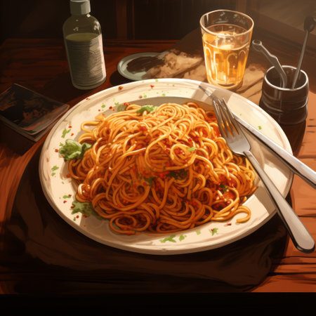 on the plate, there are plates of spaghetti and drinks, beautifully depicted in a digital painting style. the artist has showcased masterful shading techniques, resulting in a realistic and hyper-detailed rendering. this artwork, created by joe quesada, features a captivating play of light and shadows, with small brushstrokes adding depth and texture. andreas rocha's influence can also be seen in the composition. ai generatedの素材