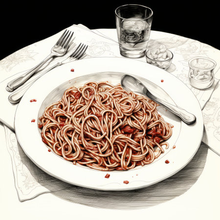 a plate of spaghetti with sauce, presented in a hyperrealistic style, showcases macabre romanticism. the dark white and light red tones create a visually striking image. this editorial cartooning-inspired illustration captures photographically detailed portraitures, immersing viewers in a captivating visual experience. ai generatedの素材