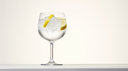 a large glass of wine with ice and lemon sits on a table, showcasing minimal retouching. the light gray background adds to the simplicity of the image, while the style of henry justice ford is evident. the emphasis on functionality is highlighted through the soft-focus effect, creating a sanriocore aesthetic. the rounded shape of the glass adds a touch of elegance to the composition. aiの素材