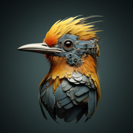 the bird in the photo showcases a stunning combination of bright yellow and brown feathers. the artwork is created in a hyper-realistic sci-fi style, incorporating elements of zbrush and industrial fragments. the color palette features dark cyan and orange hues, while the composition includes a touch of applecore and wildstyle. this captivating piece beautifully depicts animals. ai generatedの素材
