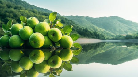 green apples floating in a serene lake, their vibrant color mirrored in the calm water. the landscape surrounding them is beautifully reflected, capturing the essence of rural china. softbox lighting enhances the soft and gentle atmosphere, while focus stacking ensures accurate and detailed imagery. this contemporary photograph is reminiscent of candy-coated landscapes, providing inspiration for nature enthusiasts. ai generatedの素材