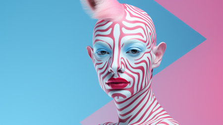 a female's face adorned with pink and blue makeup, featuring stripes and shapes reminiscent of surreal animal hybrids. this 8k 3d image showcases monochromatic white figures in a pattern explosion. inspired by the works of artists scarlett hooft graafland and mike campau. ai generatedの素材
