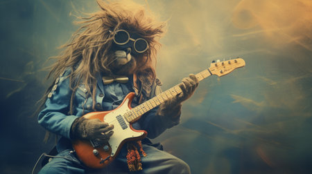 a sasquatch with dreadlocks is captured in an industrial-style photograph, playing a guitar. the image showcases a unique solarization effect, adding an eccentric touch to the furry art. this celestialpunk-inspired depiction of animals merges with the sasquatch's musical talent, creating a visually captivating scene. ai generatedの素材