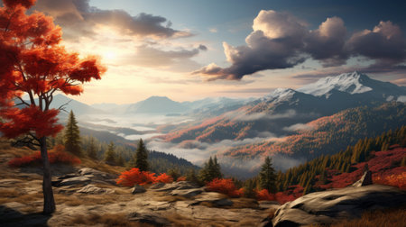 a stunning autumn landscape hd wallpaper showcasing the breathtaking beauty of nature. this image, created in the style of unreal engine 5, features mountainous vistas with a mix of light red and dark gray hues. with its highly detailed environments and cloudcore, this 32k uhd wallpaper truly captures the essence of the season. ai generatedの素材
