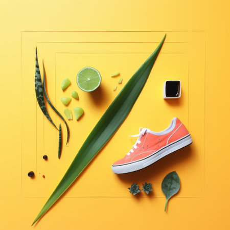 a pair of sneakers, featuring bold colors and surrealistic elements, are placed on a vibrant yellow background. a leaf is positioned next to the sneakers, adding a touch of nature to the composition. this photograph showcases the use of framing and vibrant orange and green hues. the image is captured with the detailed and vivid style of fujifilm velvia, highlighting the deconstructed objects in aの素材