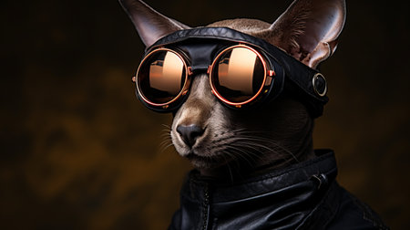 a cat wearing a leather jacket and mirrored sunglasses, showcasing a unique blend of mechanized precision and industrial design. the explosive wildlife theme is enhanced by the dark gold and pink color scheme. captured with a rodenstock imagon 300mm f5.8 lens, this photo showcases photo-realistic techniques. it's no wonder this captivating image was a contest winner. ai generatedの素材