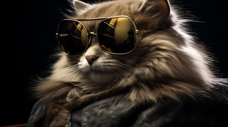 a white furry cat, wearing a leather jacket, sits confidently on a black background. this unique image, rendered in cinema4d, showcases a blend of gold and brown tones. with influences from igor zenin, hip hop aesthetics, and bob eggleton, the cat exudes a cool and edgy vibe. the solarizing master technique adds a touch of artistic flair, while the industrial and product design elements enhanceの素材