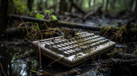an old keyboard, reminiscent of the slimepunk aesthetic, is captured in a forest setting. this deconstructionist-inspired photo, taken with a nikon d750, showcases the soggy and mote kei elements. with a touch of national geographic's style, the image pays homage to the renowned photographer eero saarinen. ai generatedの素材