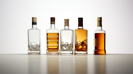 five liquor bottles showcasing various varieties are displayed in a deconstructed minimalist style. the image captures the depth of layers, with a play of light and shadows in white and amber hues. the labels feature brands like jack spencer, exemplifying the artistry of new american color photography. the low-angle perspective and innovative techniques used add a unique touch to the composition. ai generatedの素材