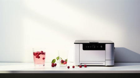 a juice maker sits on a table alongside a glass of mixed drinks. the composition, inspired by the style of fujifilm eterna vivid 500t, features minimalist textiles in dark white and crimson. this installation-based photograph captures the essence of cranberrycore, with an iso of 200, creating a sense of serenity and harmony. ai generatedの素材