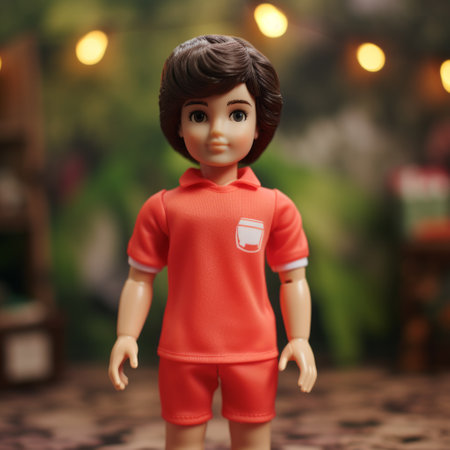 a handsome genderless doll, dressed in red, stands proudly in front of a traditional vietnamese christmas tree. captured in the style of an adventure-themed photograph, this close-up shot was taken with a fujifilm gw690iii camera, showcasing the doll's isometric features. ai generatedの素材