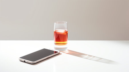 a minimalist precision-inspired photograph featuring a telephone placed next to a glass of liquid. the composition showcases a blend of light maroon and orange tones, reminiscent of social media portraiture. the image captures the essence of transparency and lightness, reminiscent of makoto shinkai's style. shot on kodak plus-x film, the photograph beautifully captures the moment when the liquid is being poured. ai generatedの素材