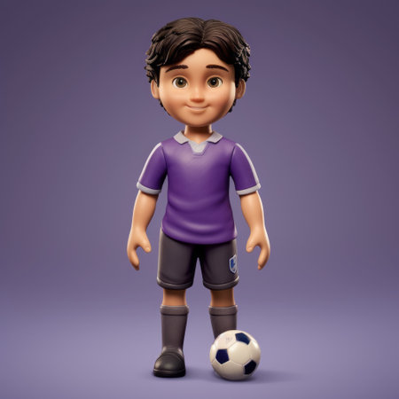 a 3d illustration character, inspired by the styles of bill gekas, dora carrington, bartolome esteban murillo, and dau al set, is depicted holding a soccer ball on a vibrant purple background. the character's detailed expressions and the use of lighting create a visually captivating image. the artwork showcases a strong gendered aesthetic, portraying a confident and youthful individual. ai generatedの素材
