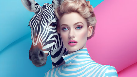 two stunning women stand in front of a zebra, creating a surrealistic scene. the photo showcases photorealistic portraits with a touch of surreal elements. the color palette consists of light cyan and pink, adding a dreamlike quality to the image. the bold chromaticity and contrasting values enhance the visual impact, while the use of photo-realistic techniques and patterns adds depth and complexity to the composition.の素材