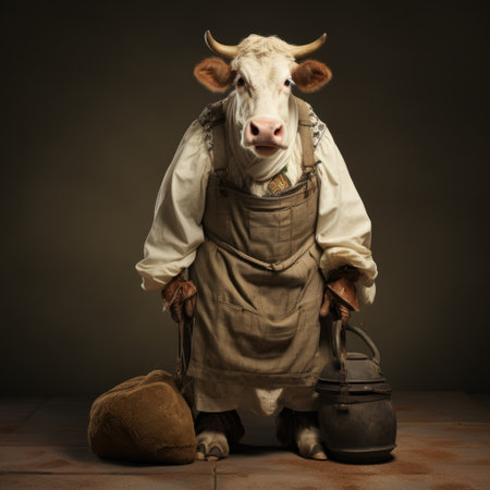a cow stands alone by a kitchen sink in this detailed costume studio portrait. the image showcases inventive character designs inspired by folklore and viennese actionism. with its uhd quality, this photo captures the essence of old masters' style, creating a visually striking and unique composition. ai generatedの素材