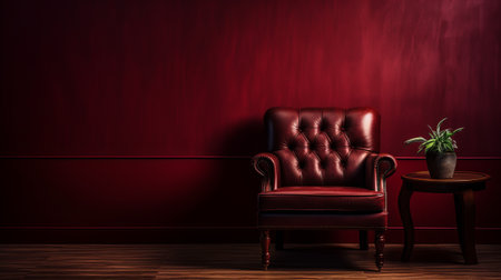 red leather chair on the ground, showcasing a tonalist color scheme with dark maroon and brown hues. the renaissance-inspired chiaroscuro adds an elegant and formal touch to the image. this uhd photograph captures the essence of poetcore with its rich leatherhide texture and timeless aesthetic. ai generatedの素材